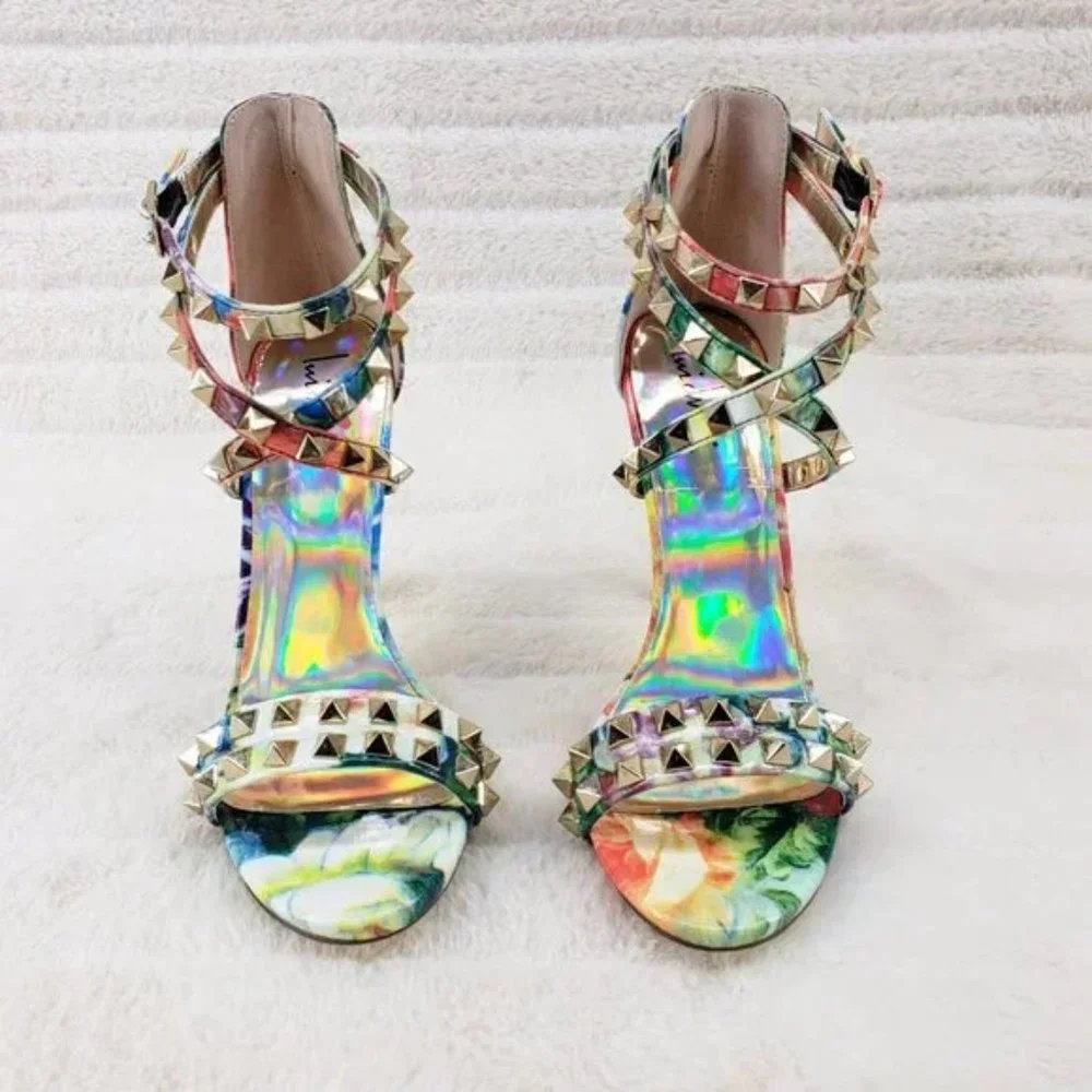 Sexy Riot Colorful Patent Gold Stud Cross Strap Sandal Shoe 4.5